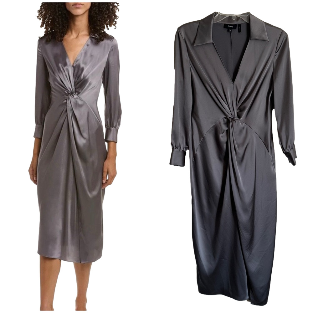 Theory Charcoal Satin Long Sleeve Twist Dress Gray Size 4